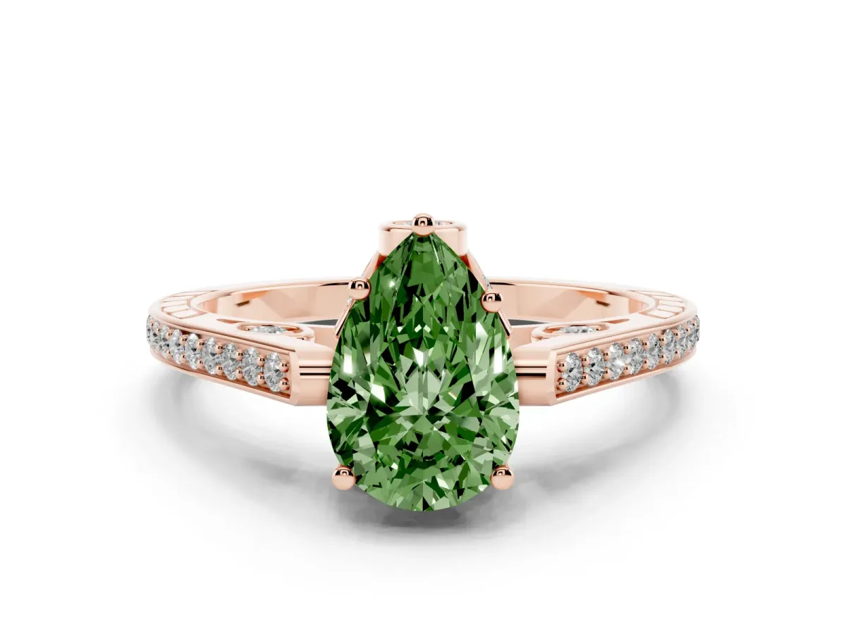 Fancy Green Pear Cut Cut Cathedral Pave Diamond Engagement Ring with Six-Prong Setting Rose gold
