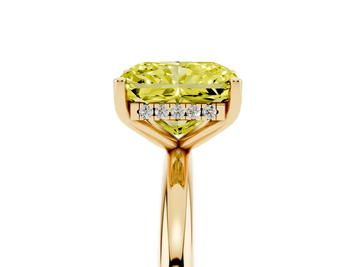 Fancy Yellow Radiant Cut Cut Solitaire Engagement Ring with Four-Prong Setting and Classic Band Yellow gold