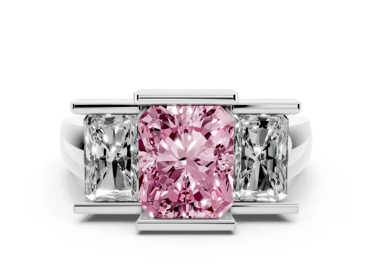 Fancy Pink Three Stone Radiant Cut Cut Channel Set Diamond Ring Platinum