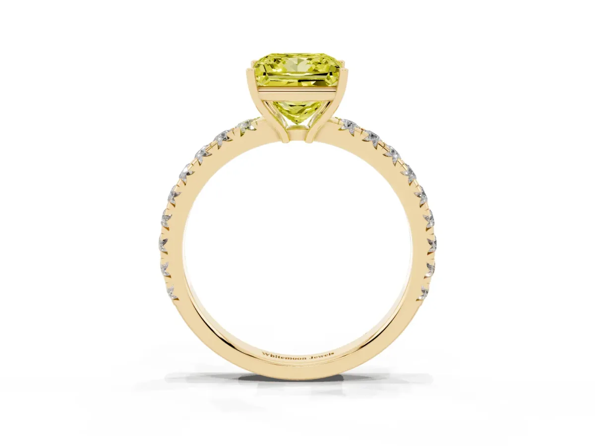 Fancy Yellow Princess Cut Diamond Pavé Solitaire Engagement Ring with Four-Prong Setting Yellow gold