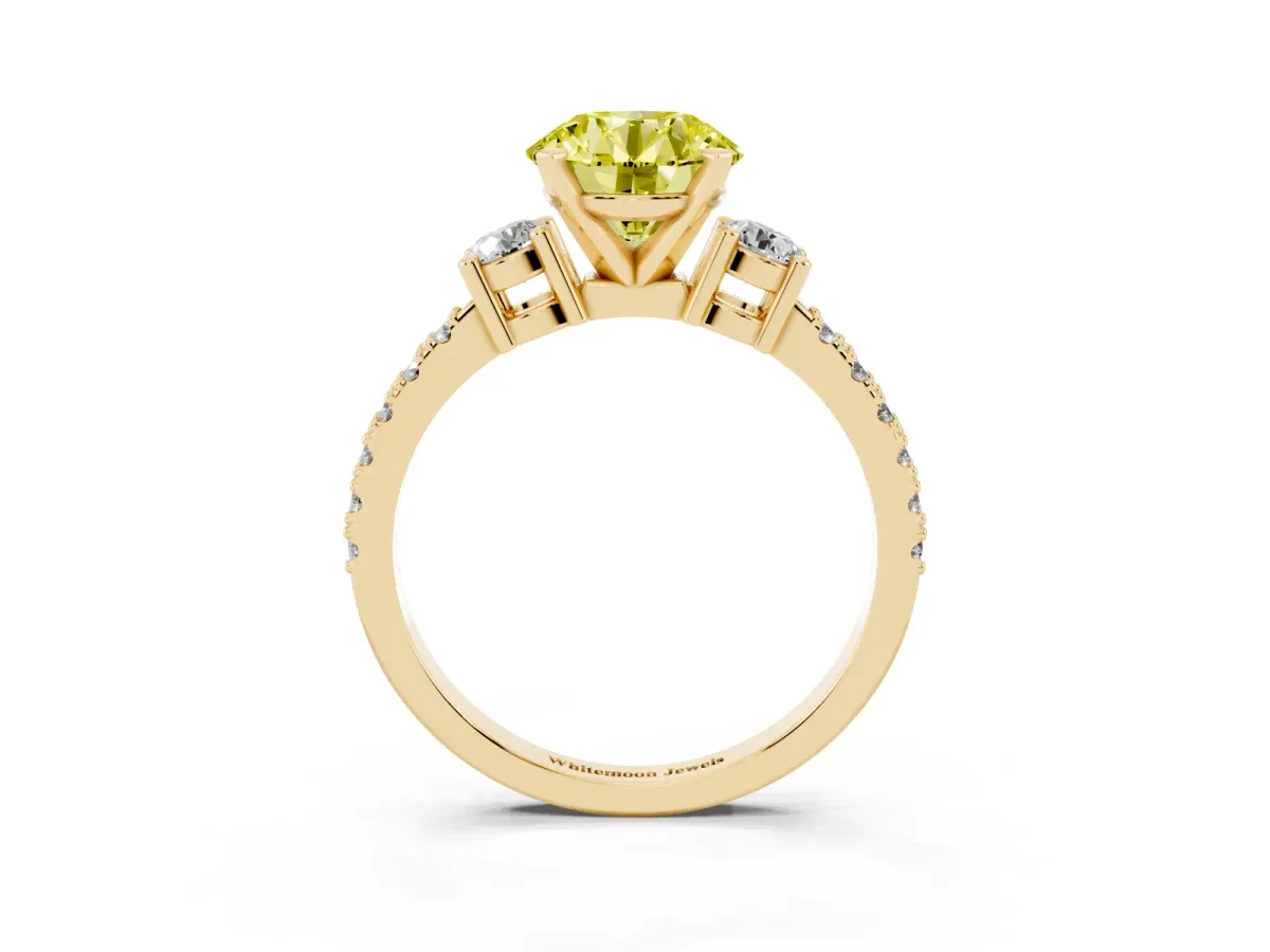 Fancy Yellow Round Cut Three-Stone Diamond Pavé Band with Prong Setting Yellow gold