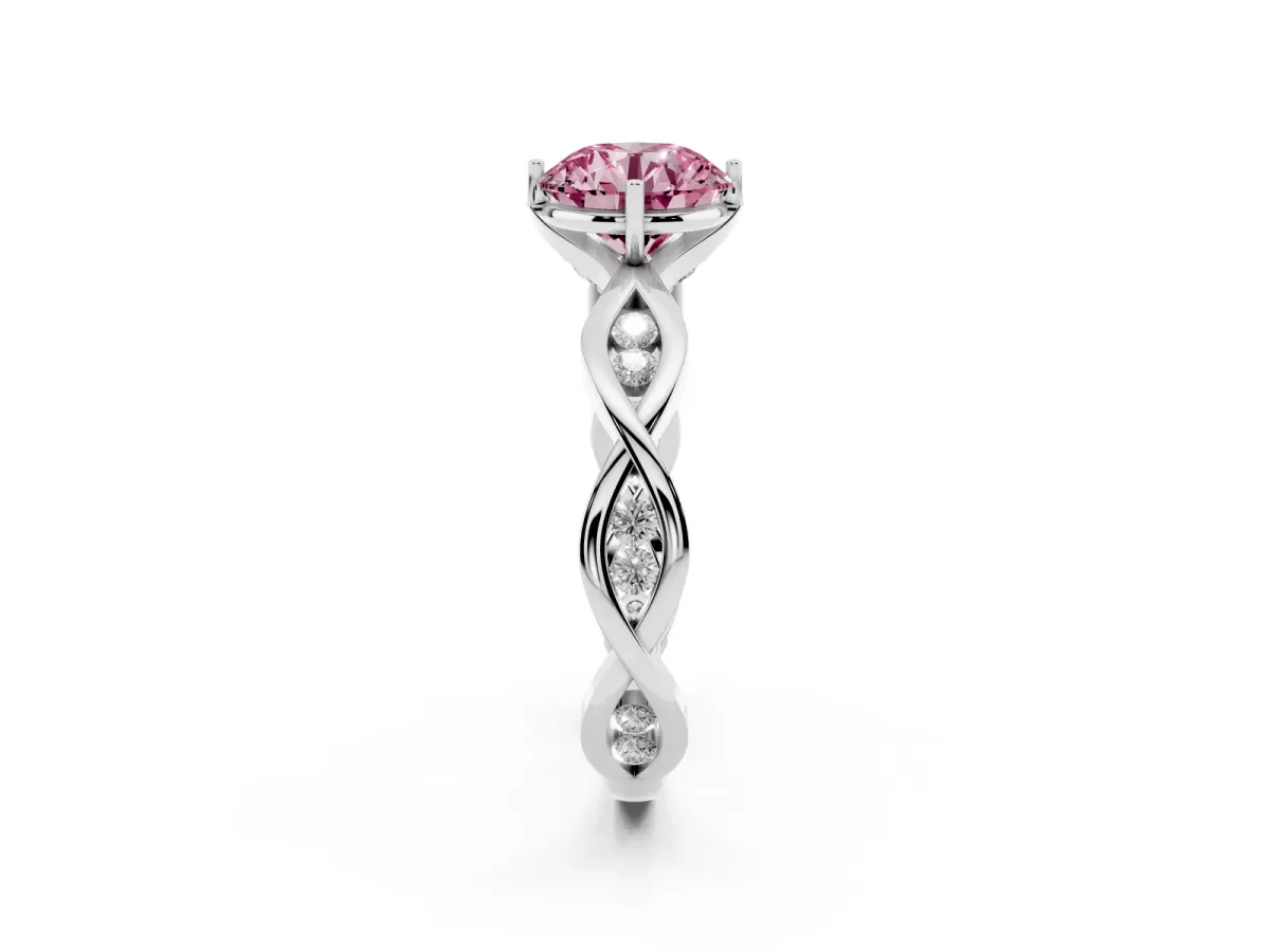 Fancy Pink Round Cut Solitaire Twist Band with Leaf Prong Setting White gold