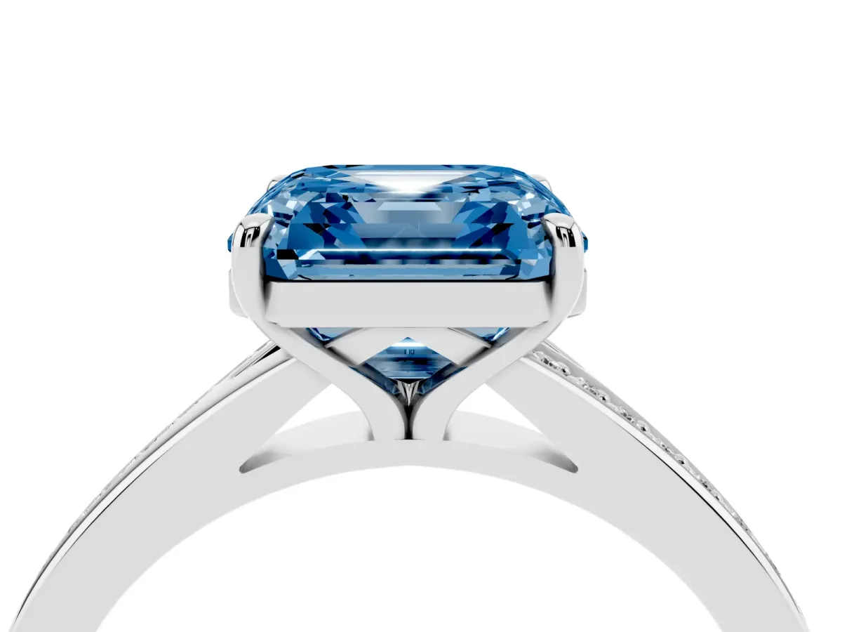 Fancy Blue Asscher Cut Diamond Solitaire Ring with Pavé Band and Prong Setting Silver
