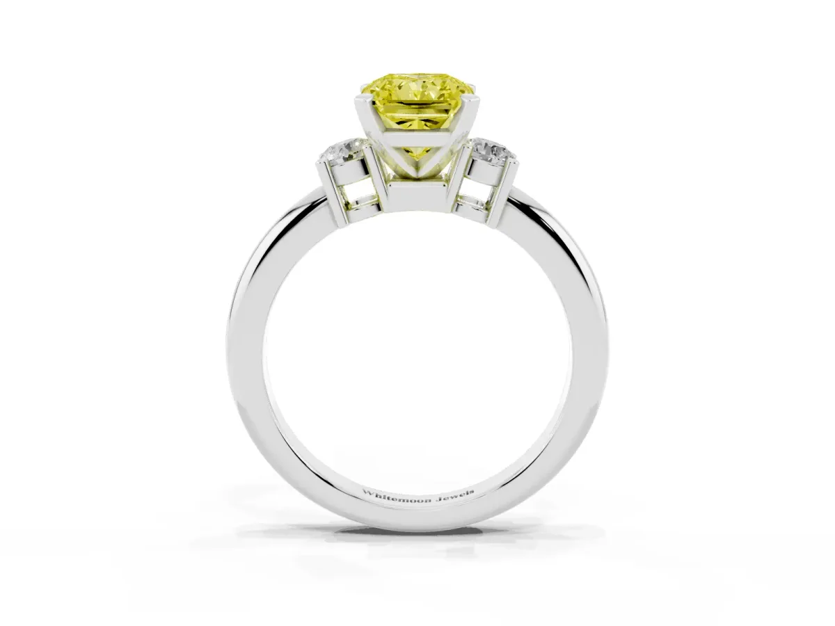 Fancy Yellow Three-Stone Radiant Cut Cut Diamond Solitaire with Prong Setting and Classic Band Silver