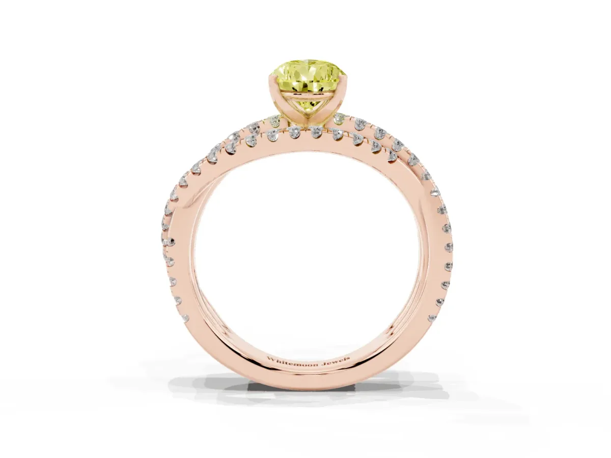 Fancy Yellow Pear Cut Solitaire Twist Band with Pavé Setting and Four-Prong Setting Rose gold