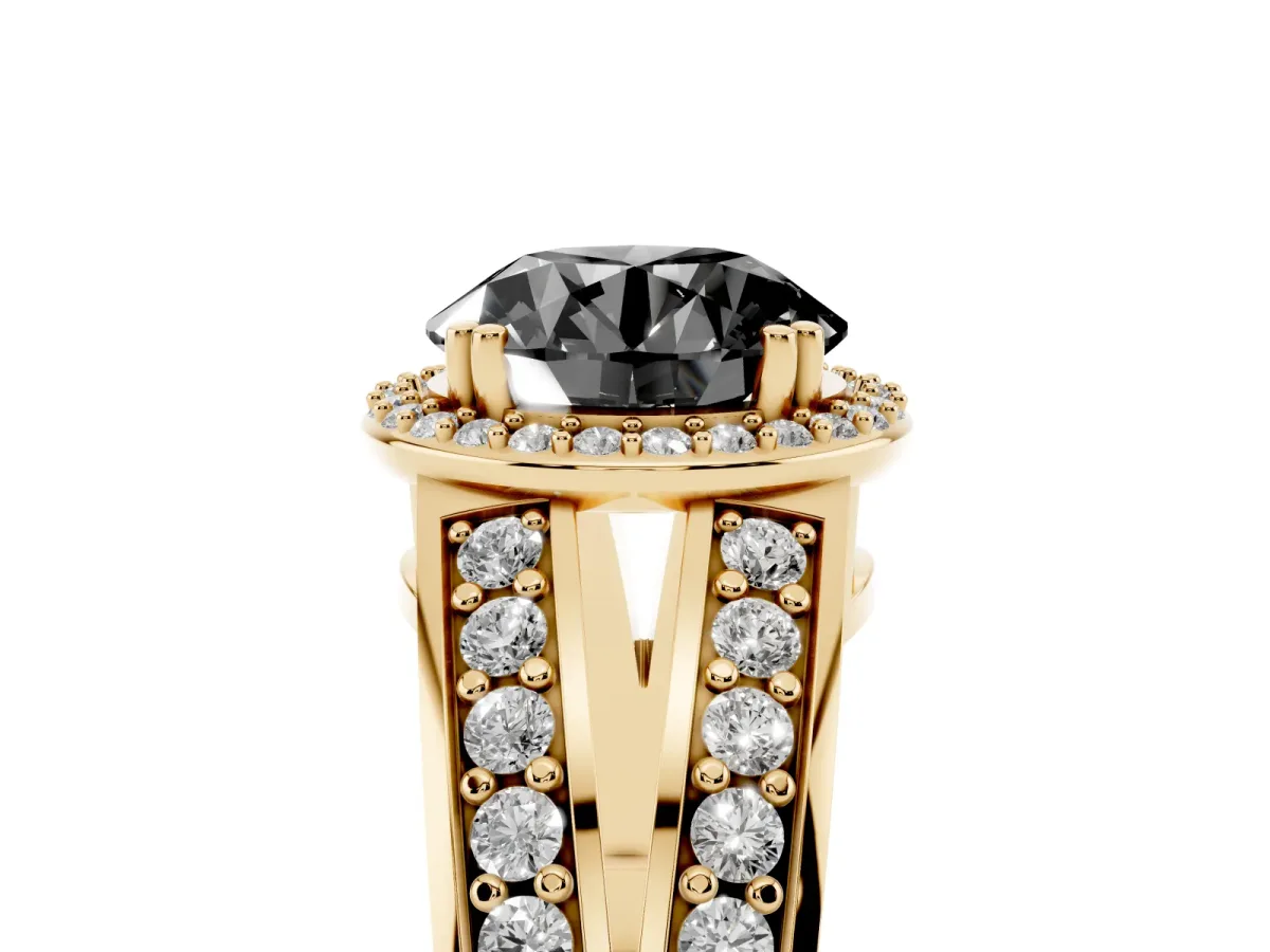 Fancy Black Round Cut Diamond Halo Ring with Split Shank Pavé Band and Four-Prong Setting Yellow gold