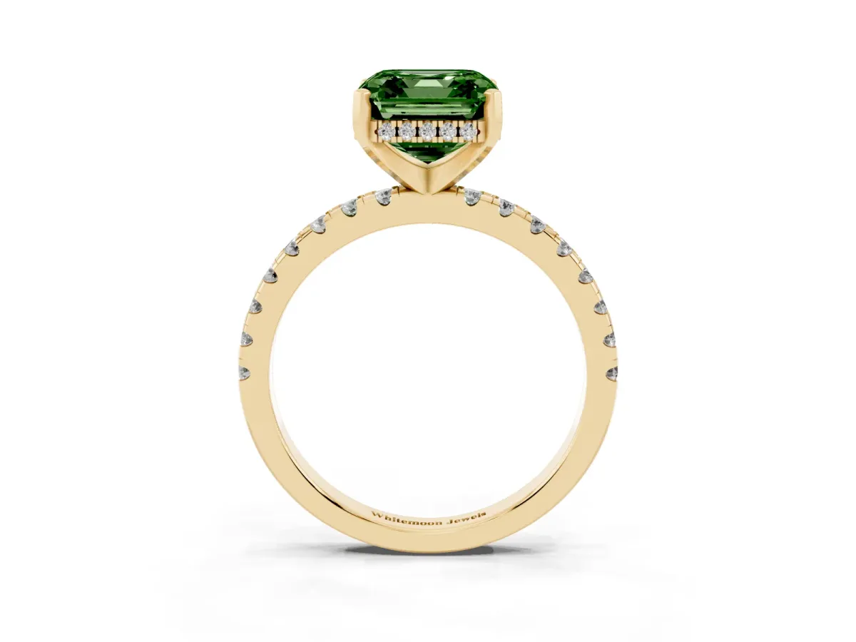 Fancy Green Asscher Cut Diamond Solitaire Ring with Round Pavé Band and Four-Prong Setting Yellow gold