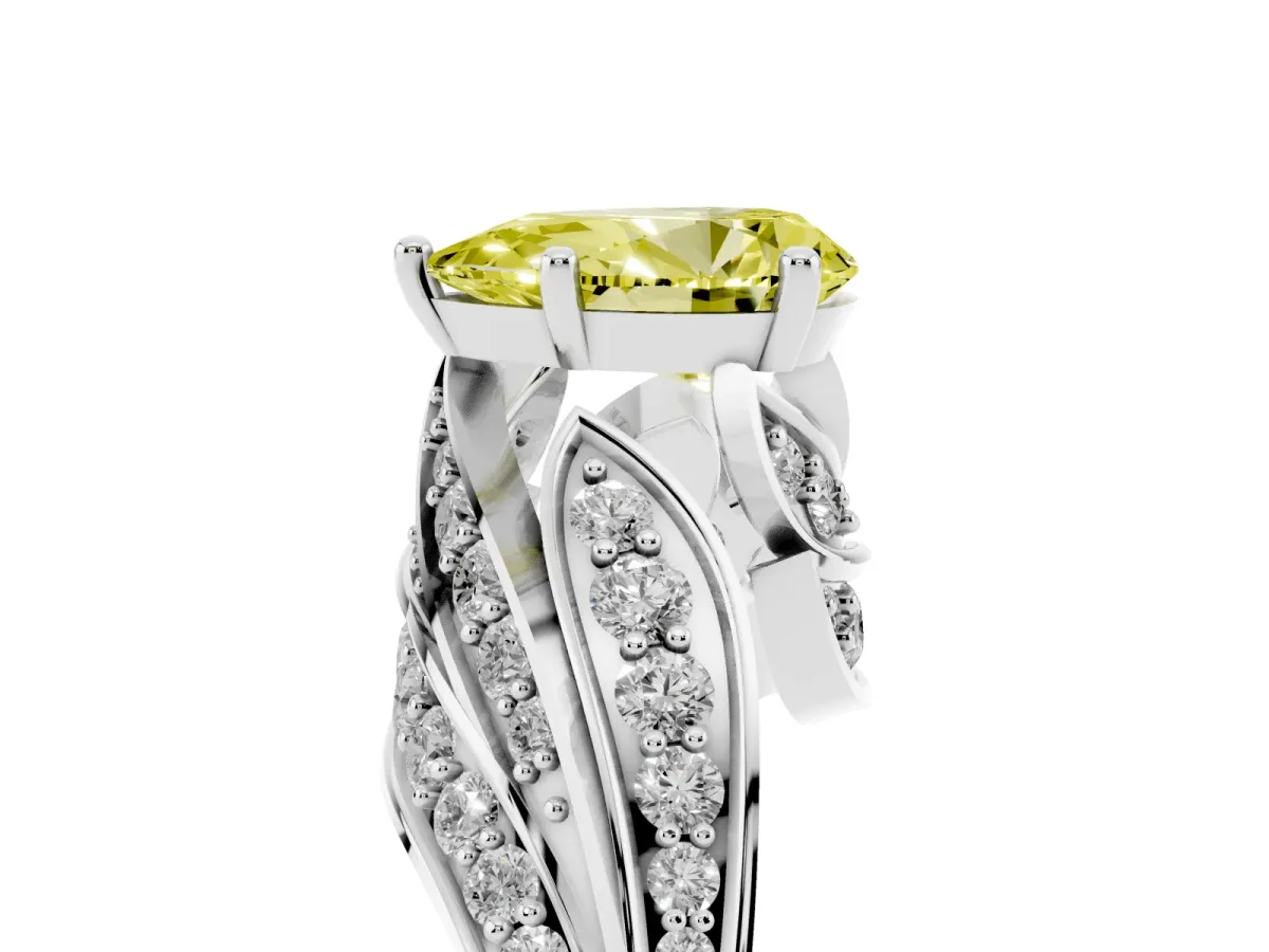 Fancy Yellow Pear Cut Diamond Solitaire Ring with Prong Setting and Twisted Pavé Band Silver