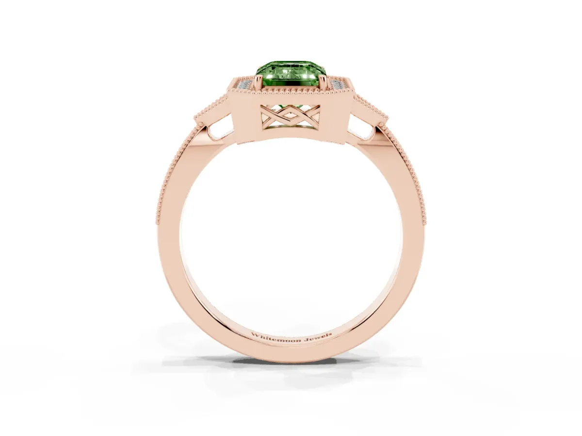 Fancy Green Emerald Cut Halo Round Diamond Milgrain Pave Engagement Ring Rose gold