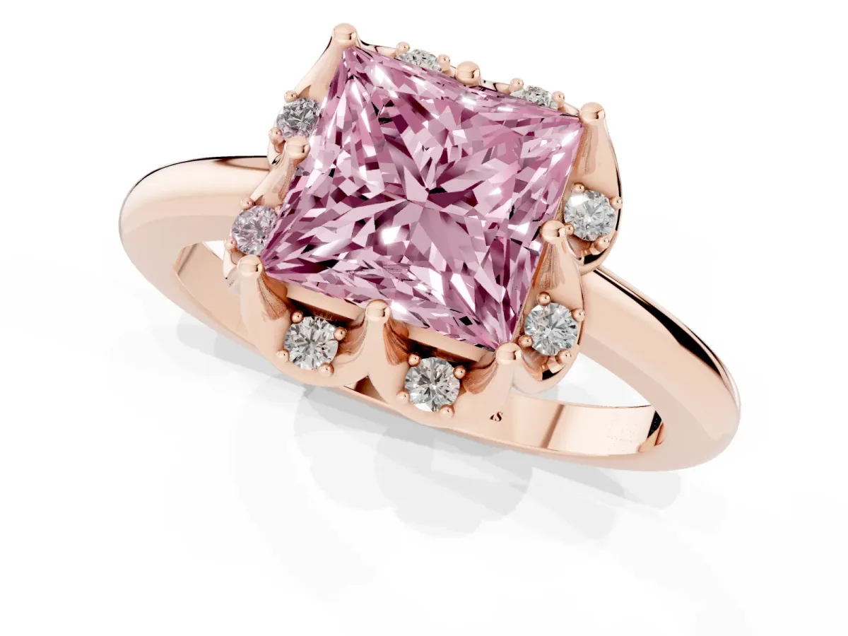 Fancy Pink Princess Cut Halo Diamond Ring with Round Cluster Setting, Solitaire Band, and Four-Prong Setting Rose gold