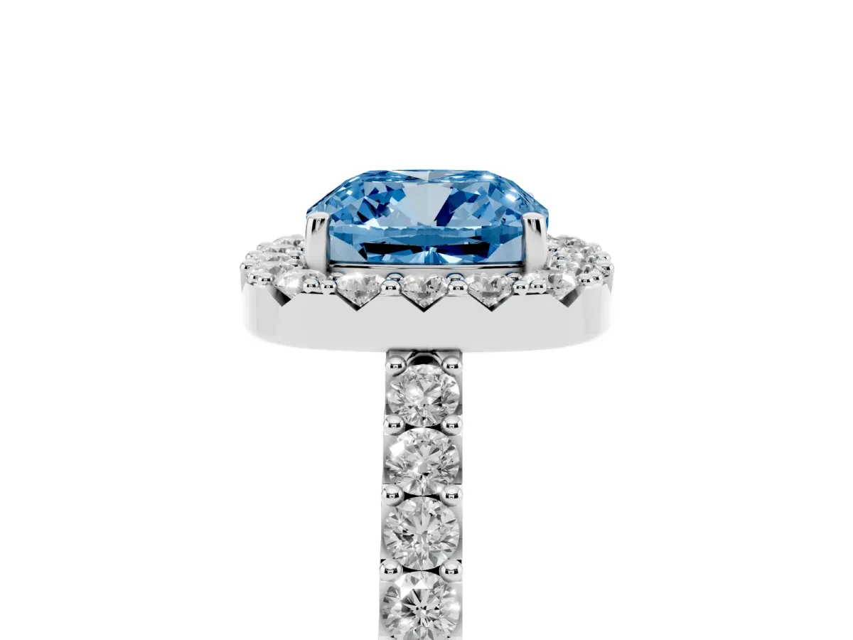 Fancy Blue Cushion Cut Halo Diamond Pavé Solitaire Ring Platinum