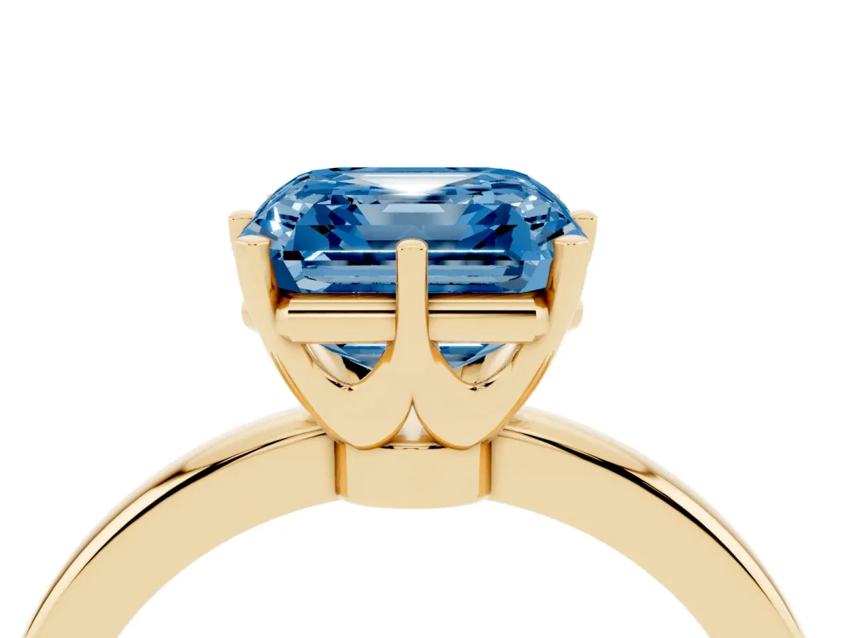 Fancy Blue Asscher Cut Solitaire Diamond Ring with Six-Prong Setting on a Classic Band Yellow gold