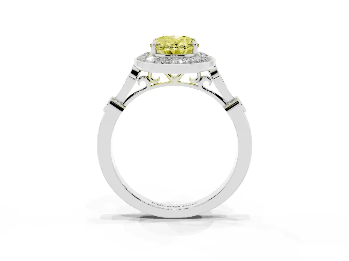 Fancy Yellow Oval Cut Halo Diamond Engagement Ring with Twisted Band and Four-Prong Setting Silver
