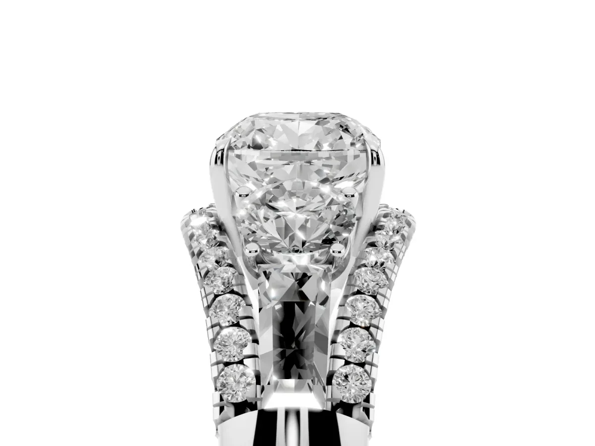 Three-Stone Cushion Cut Diamond Engagement Ring with Pave Band and Prong Setting Silver