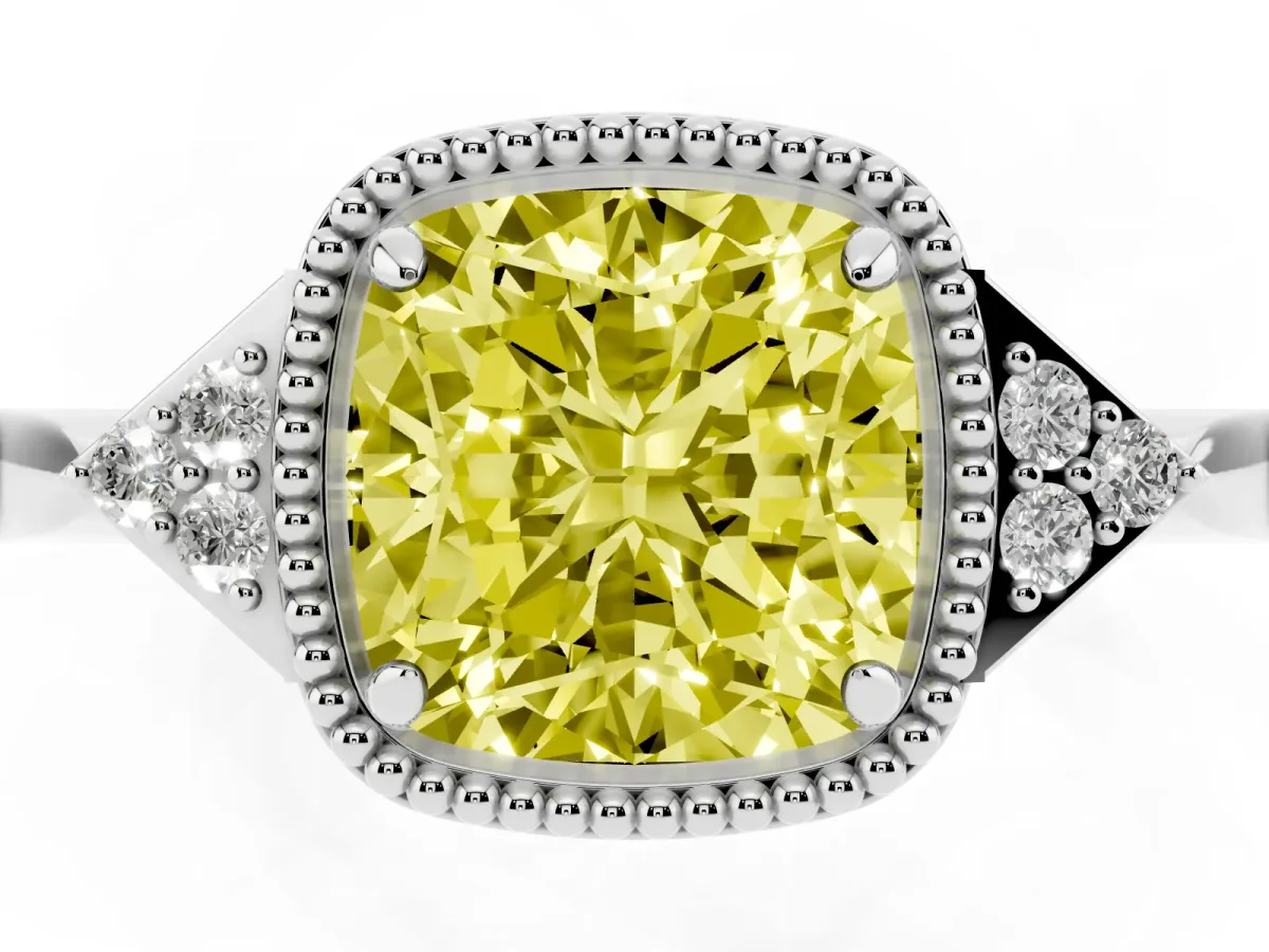 Fancy Yellow Cushion Cut Diamond Halo Ring with Tapered Band and Four-Prong Setting Silver