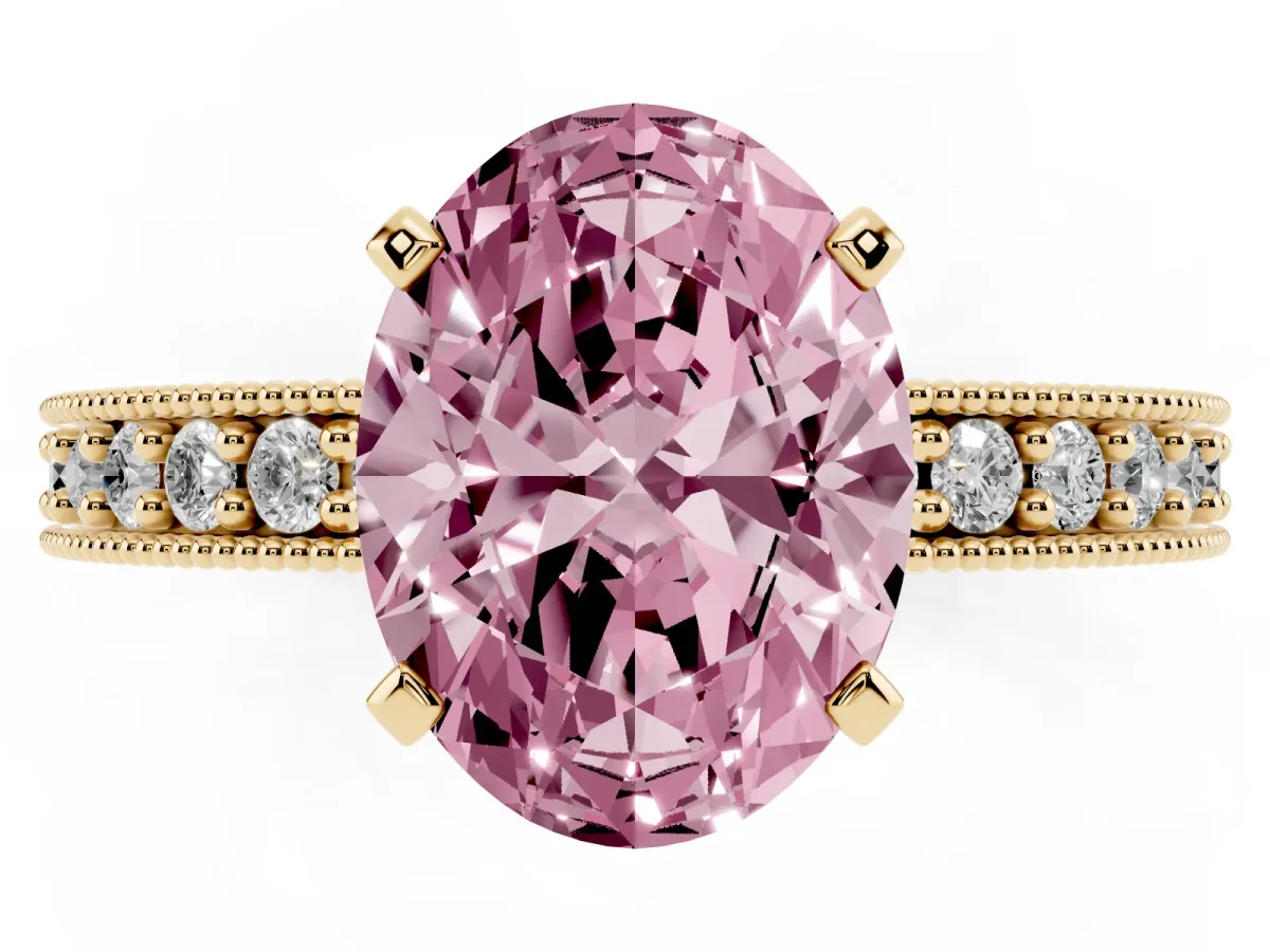 Fancy Pink Oval Cut Diamond Milgrain Pavé Engagement Ring with Four-Prong Setting Yellow gold