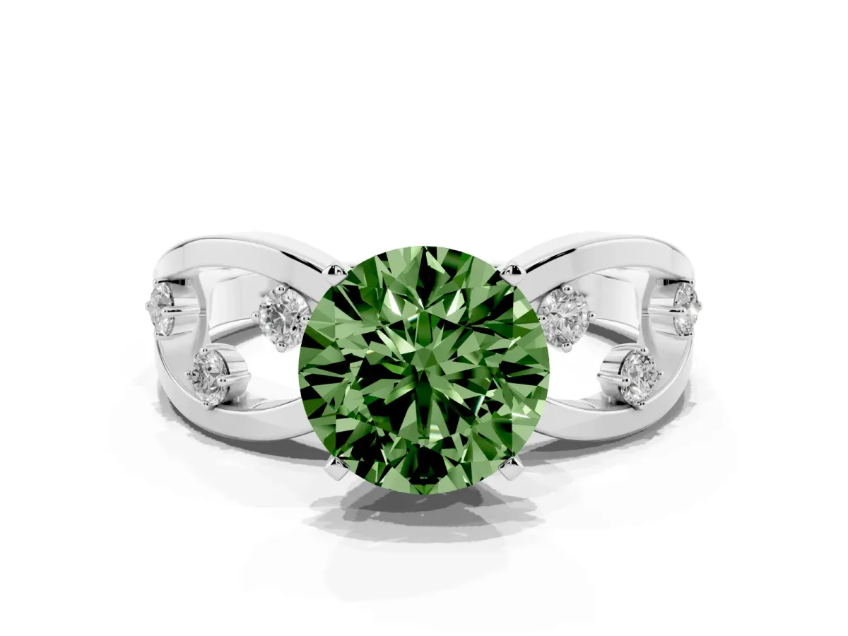 Fancy Green Round Cut Cut Solitaire Diamond with Side Stones on Criss-Cross Band and Four-Prong Setting Platinum