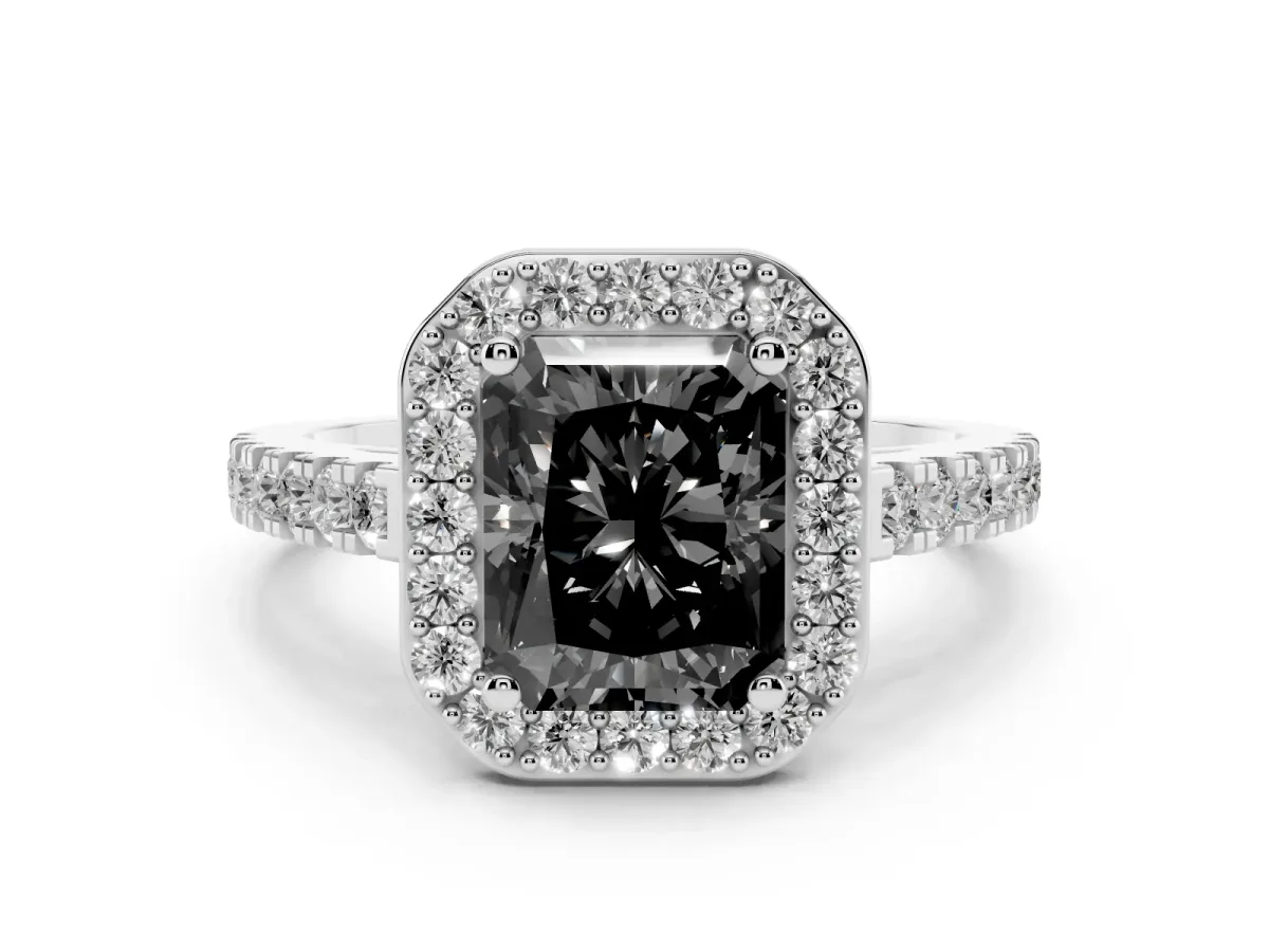 Fancy Black Radiant Cut Diamond Halo Ring with Round Pavé Split Shank and Prong Setting Silver