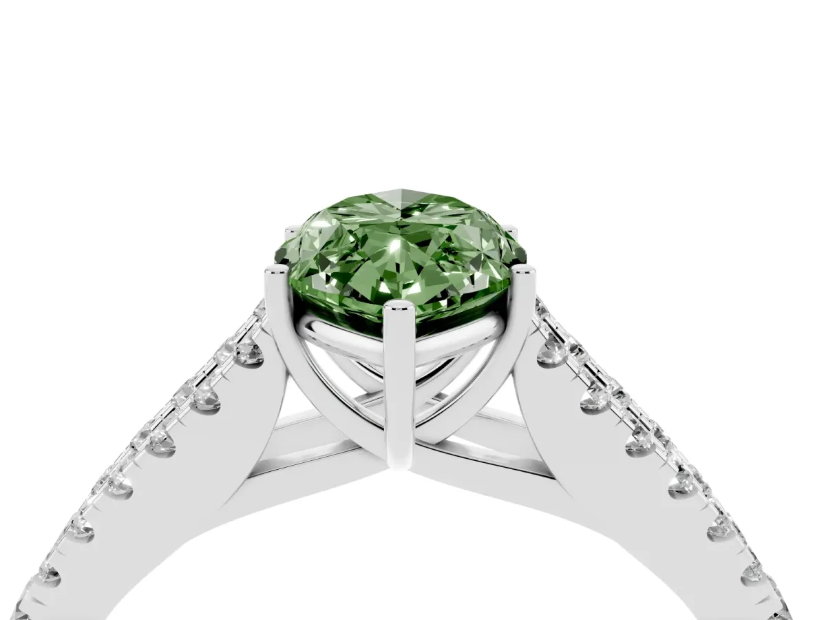 Fancy Green Marquise Cut Diamond Split Shank Pavé Engagement Ring with Four-Prong Setting Platinum