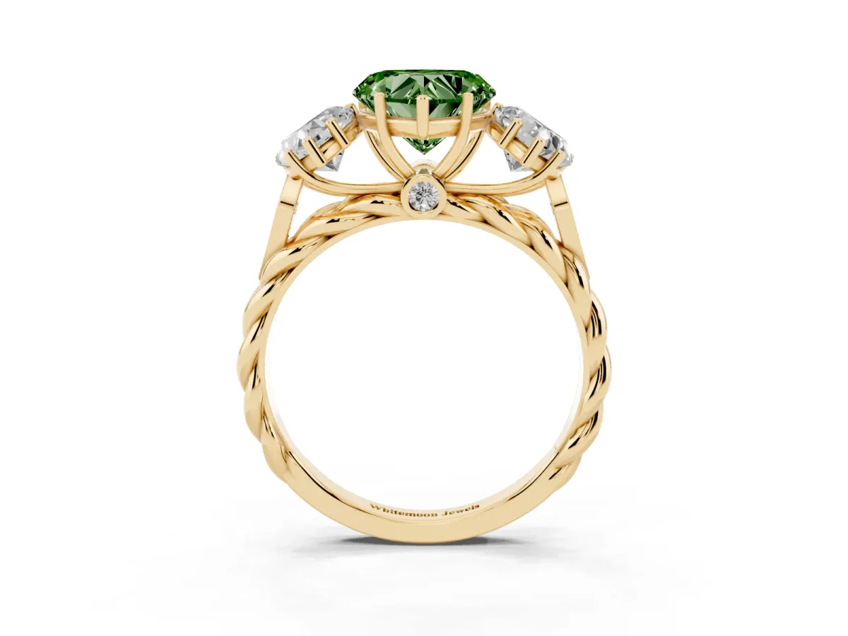 Fancy Green Three-Stone Heart Cut Diamond Braided Band Ring with Four-Prong Setting Yellow gold
