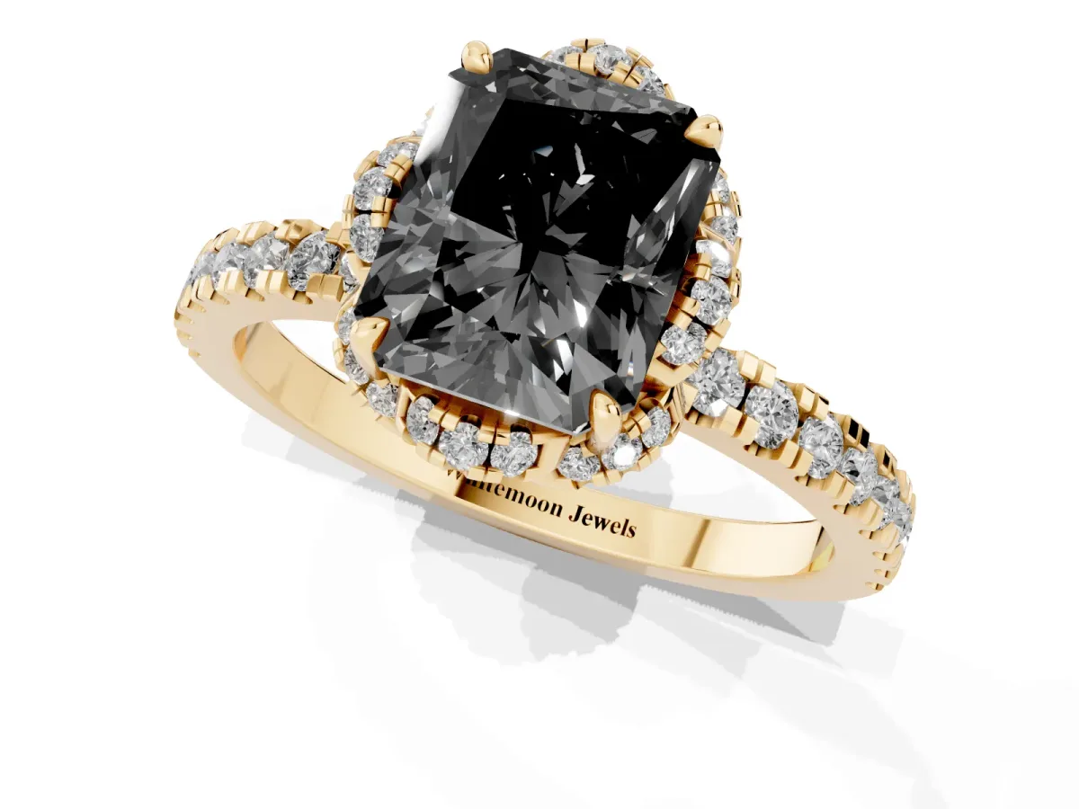 Fancy Black Radiant Cut Diamond Halo Pave Band with Four-Prong Setting Yellow gold
