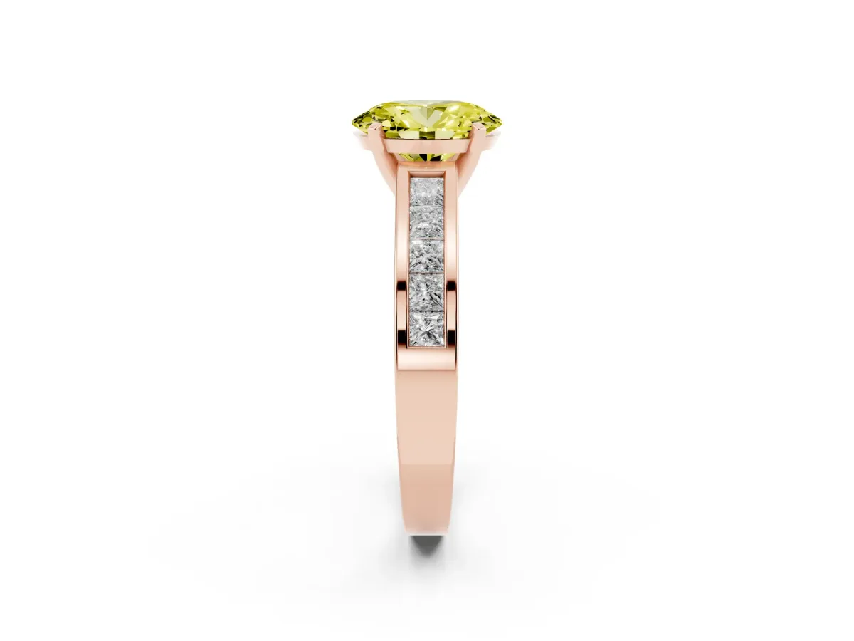 Fancy Yellow Oval Cut Solitaire Diamond Ring with Channel-Set Band and Four-Prong Setting Rose gold