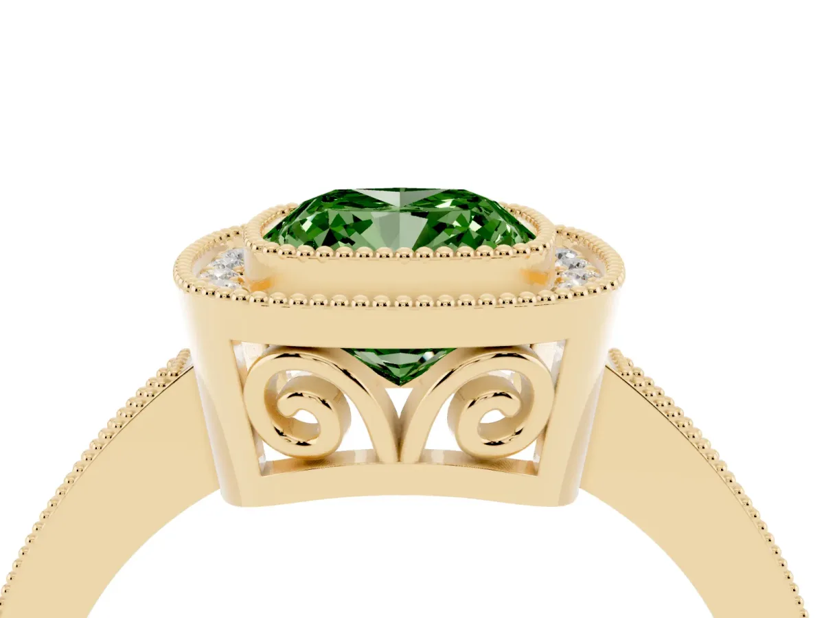 Fancy Green Cushion Cut Cut Halo Diamond Ring with Pavé Band and Milgrain Prong Setting Yellow gold