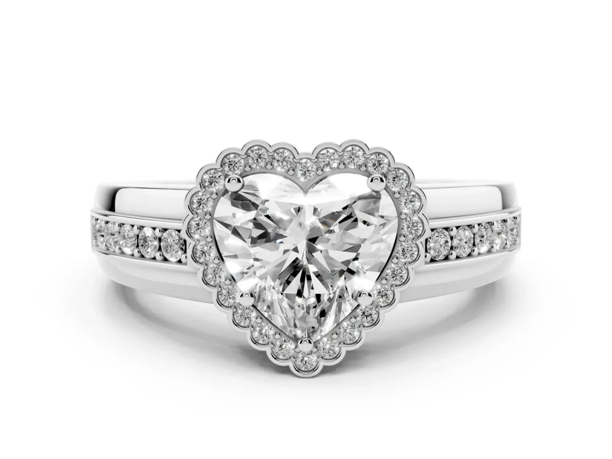Heart Cut Cut Halo Pave Band Four-Prong Ring Silver