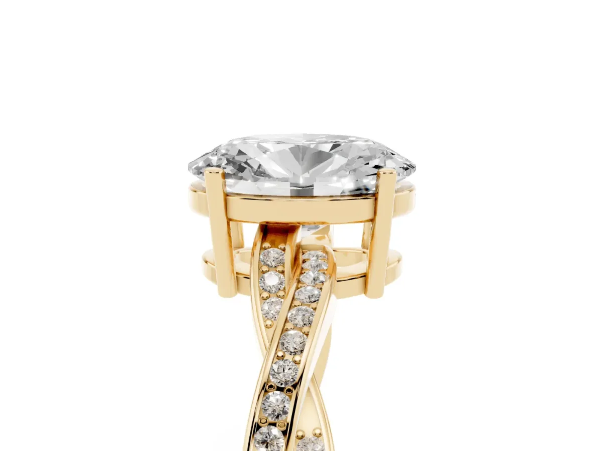 Oval Cut Solitaire Twisted Pave Diamond Ring with Four-Prong Setting Yellow gold