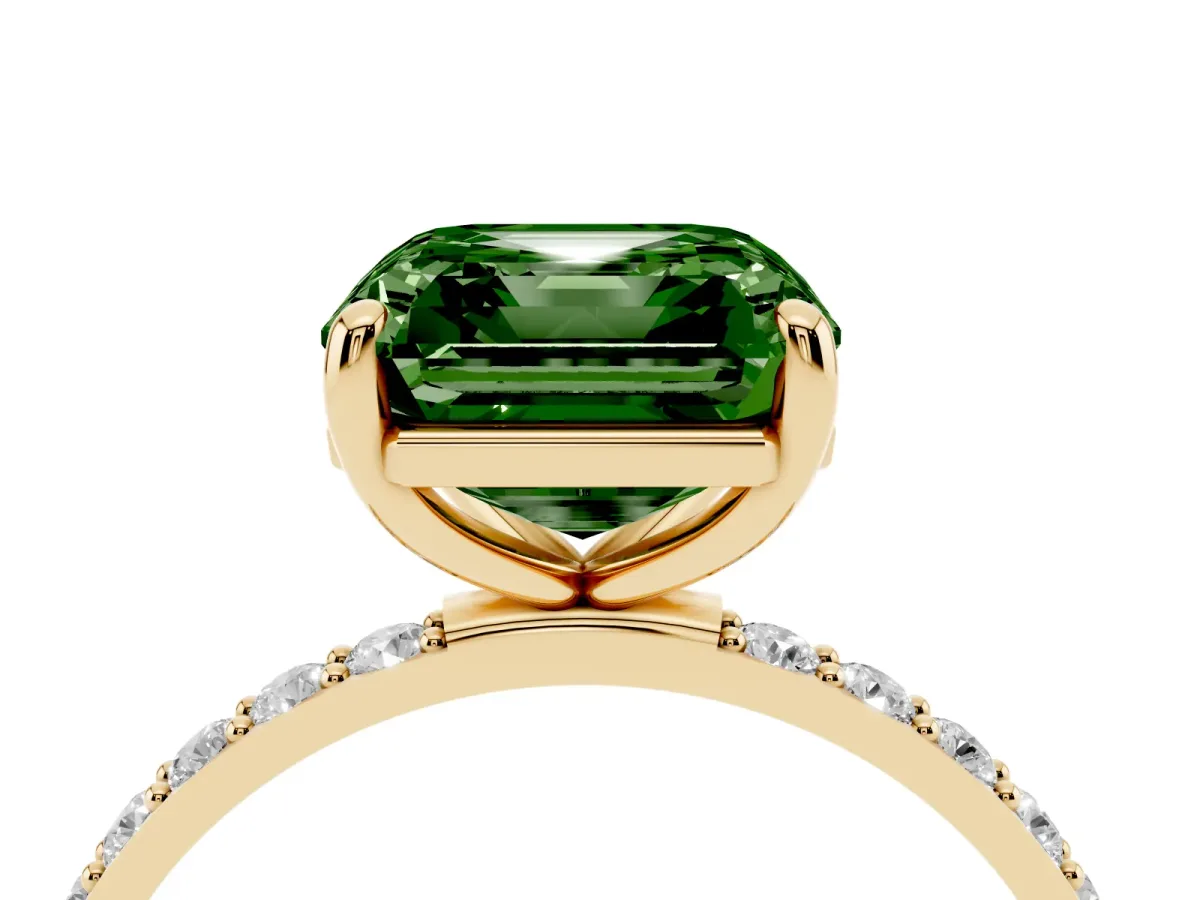 Fancy Green Asscher Cut Diamond Solitaire Ring with Round Pavé Band and Prong Setting Yellow gold