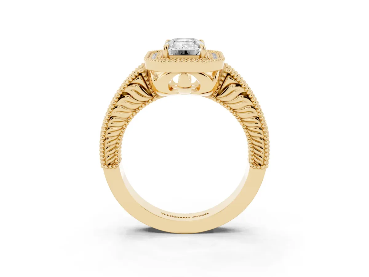 Emerald Cut Cut Halo Diamond Ring with Pavé Band and Four-Prong Setting Yellow gold