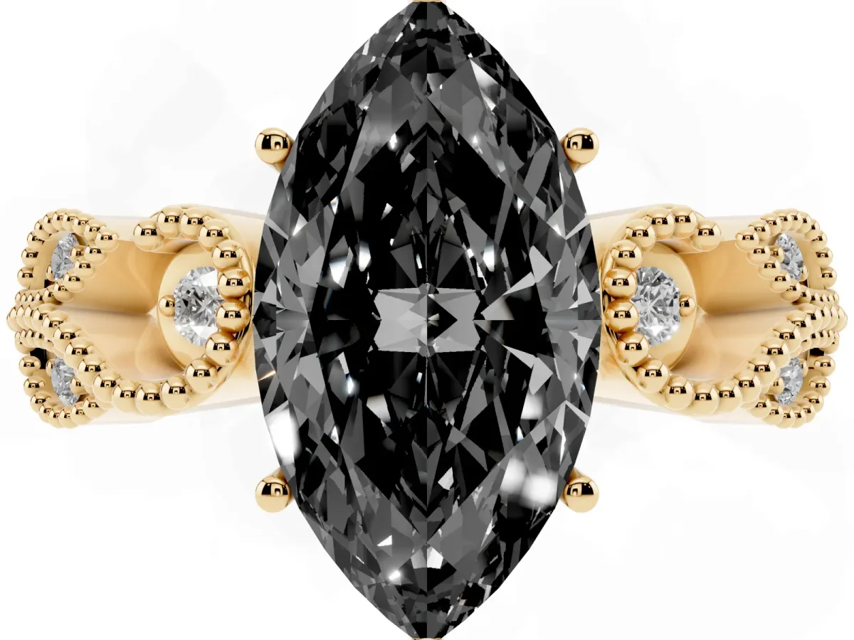 Fancy Black Marquise Cut Solitaire Milgrain Leaf Band with Prong Setting Yellow gold
