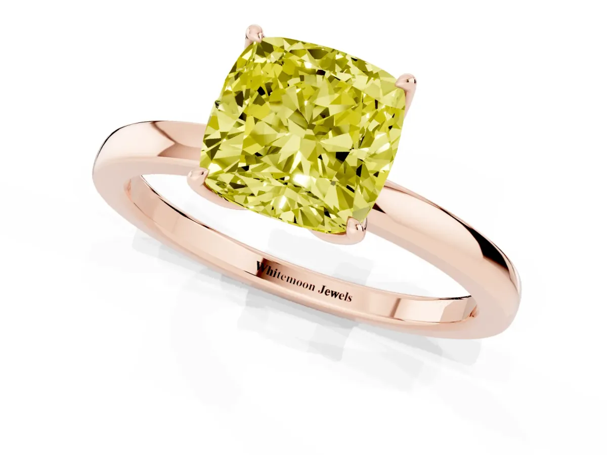 Fancy Yellow Cushion Cut Diamond Solitaire Ring with Thin Band and Prong Setting Rose gold