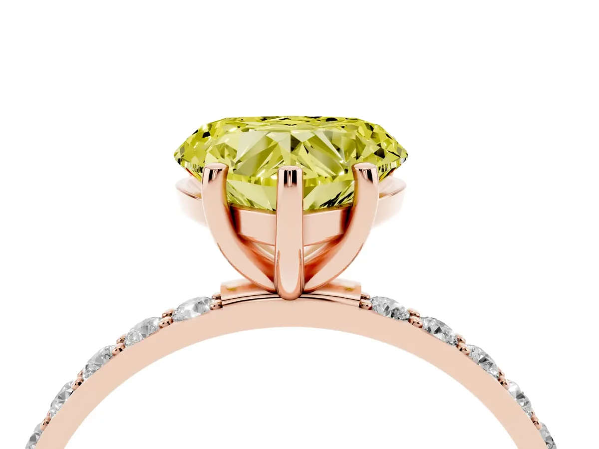 Fancy Yellow Heart Cut Diamond Solitaire Ring with Round Pavé Shoulders and Prong Setting Rose gold