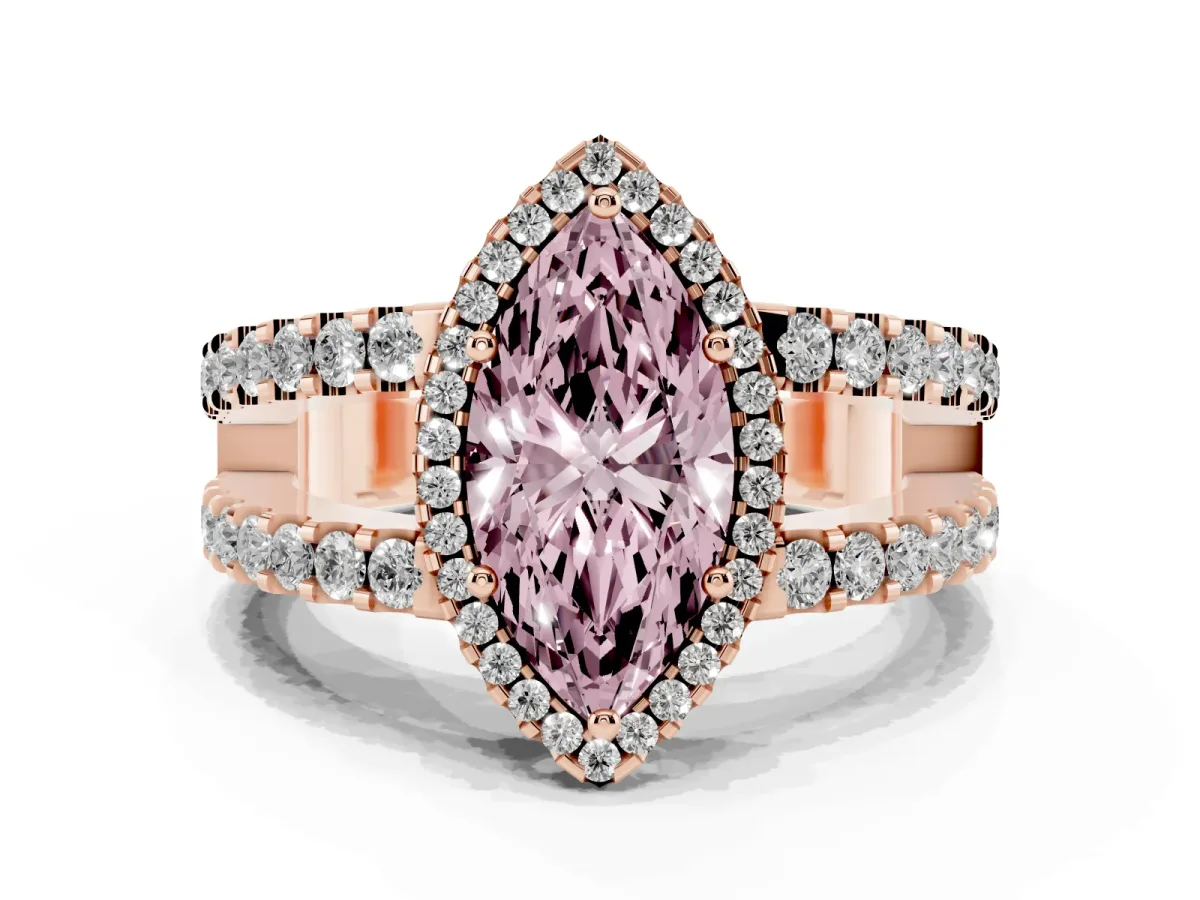 Fancy Pink Marquise Cut Cut Halo Split Shank Diamond Ring with Four-Prong Setting Rose gold