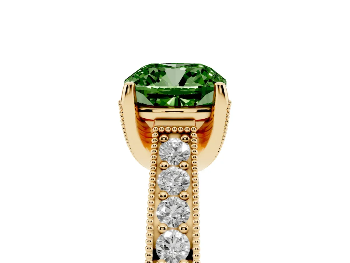 Fancy Green Cushion Cut Cut Diamond Solitaire Ring with Milgrain Pave Band and Four Prong Setting Yellow gold