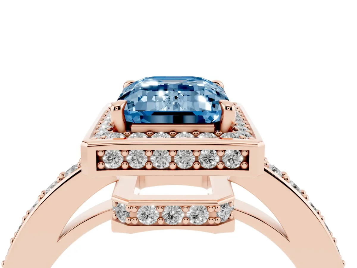 Fancy Blue Emerald Cut Halo Pave Band Solitaire Ring with Prong Setting Rose gold