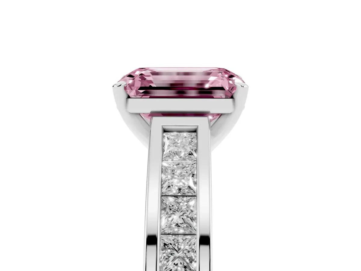 Fancy Pink Emerald Cut Solitaire Diamond Ring with Channel-Set Band and Four-Prong Setting Platinum
