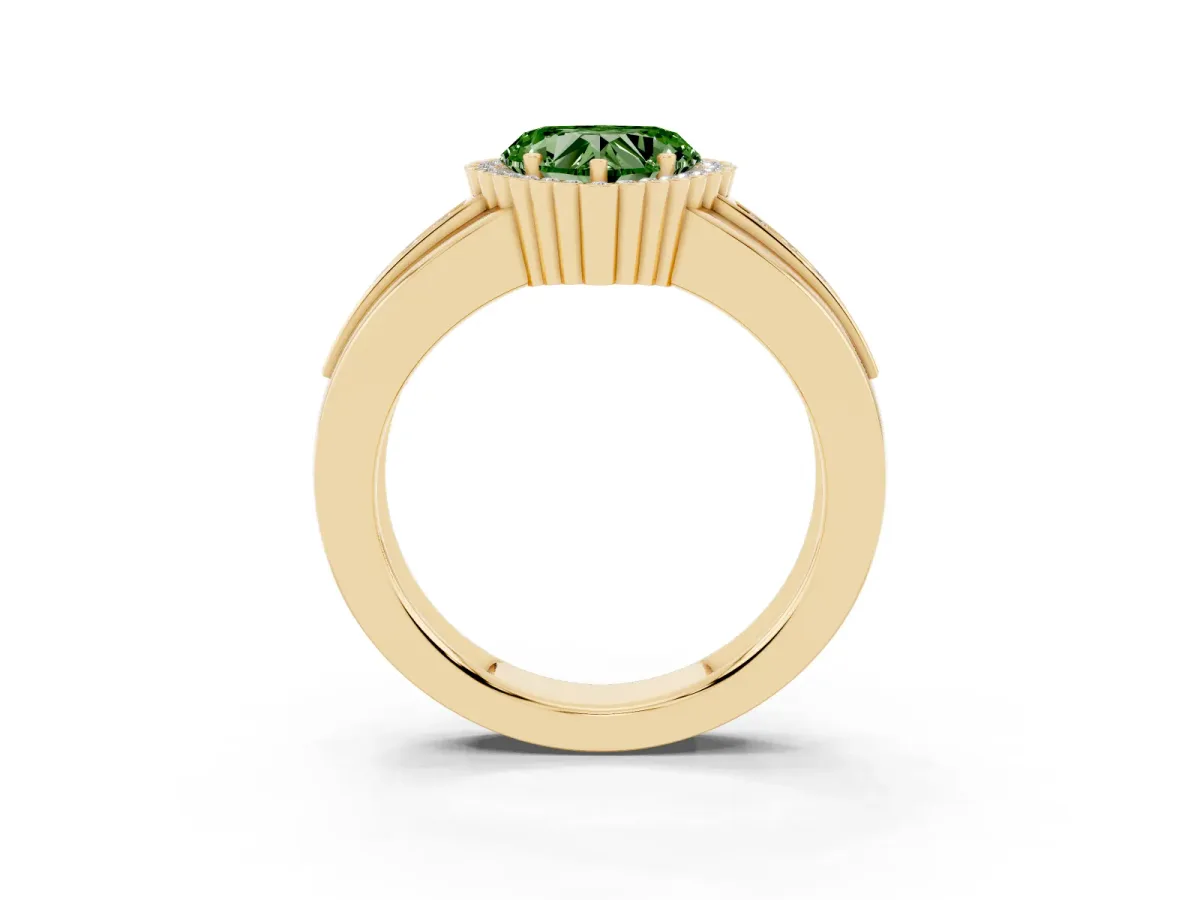 Fancy Green Heart Cut Cut Halo Pave Band Four-Prong Ring Yellow gold