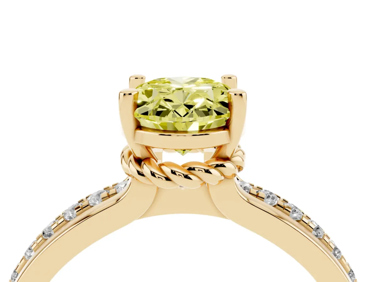 Fancy Yellow Oval Cut Solitaire Diamond Ring with Channel Set Band and Six-Prong Setting Yellow gold