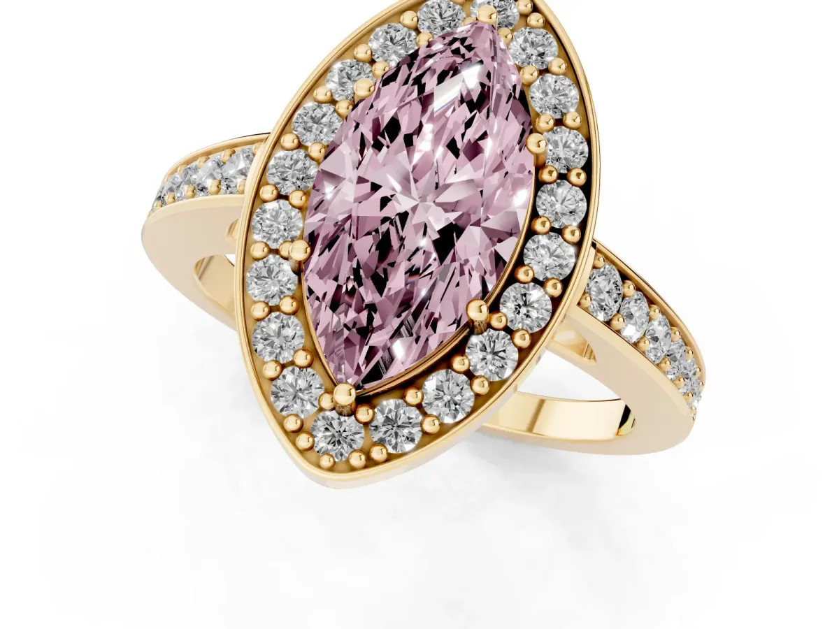 Fancy Pink Marquise Cut Halo Pavé Diamond Engagement Ring with Bezel Setting Yellow gold