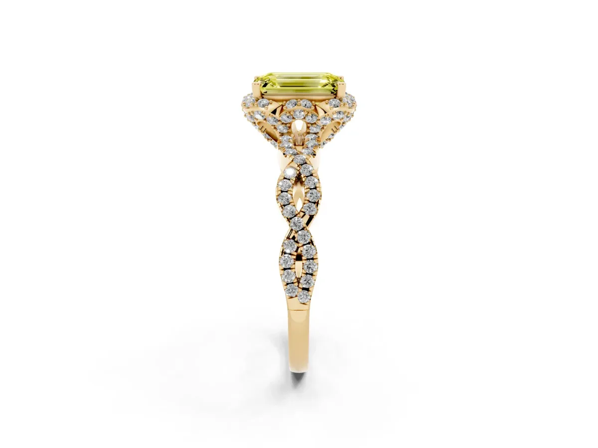 Fancy Yellow Emerald Cut Halo Twist Band Solitaire Ring with Six-Prong Setting Yellow gold