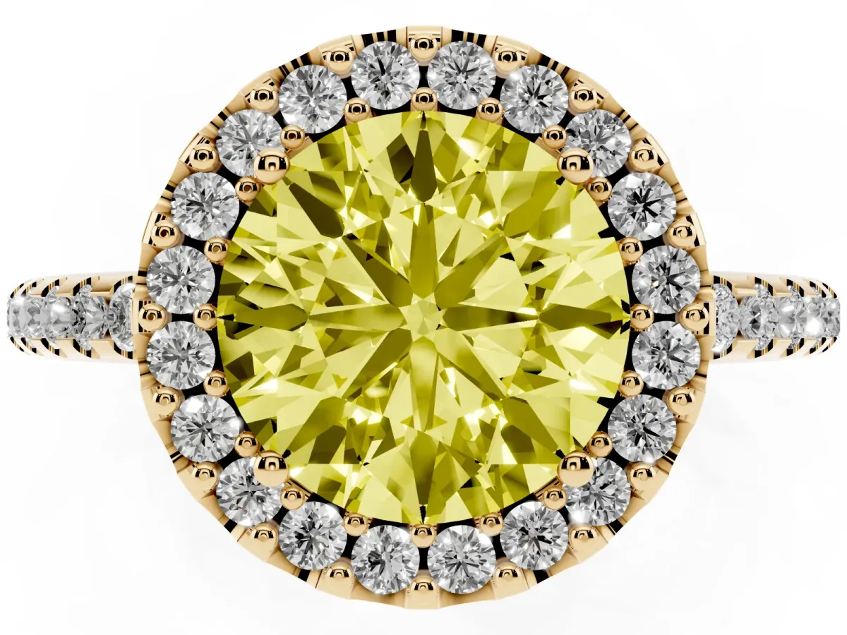 Fancy Yellow Round Cut Diamond Pavé Halo Ring with Four-Prong Setting Yellow gold