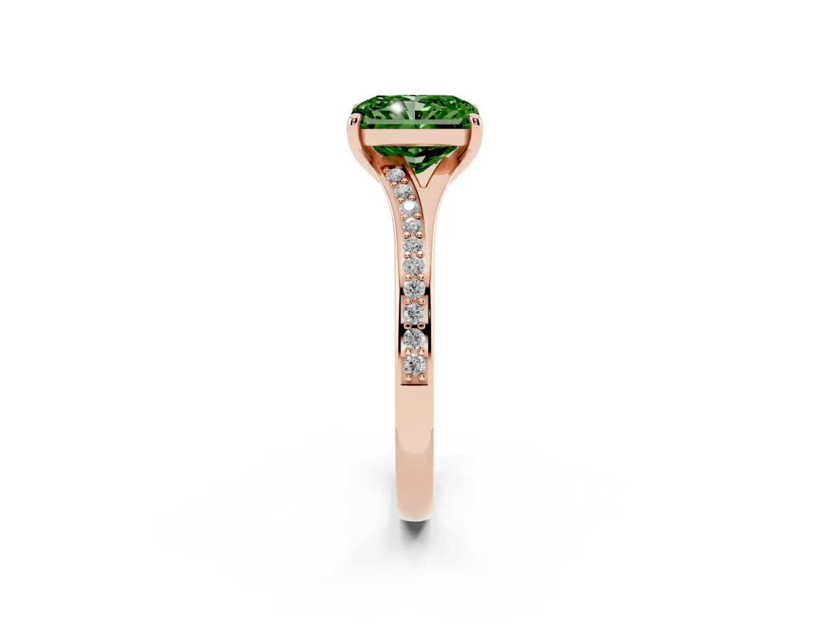 Fancy Green Radiant Cut Diamond Solitaire Ring with Pavé Band and Prong Setting Rose gold