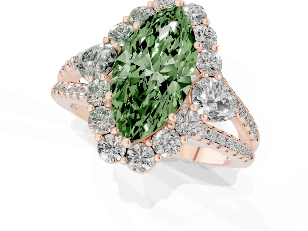 Fancy Green Marquise Cut Halo Split Shank Diamond Engagement Ring with Prong Setting Rose gold