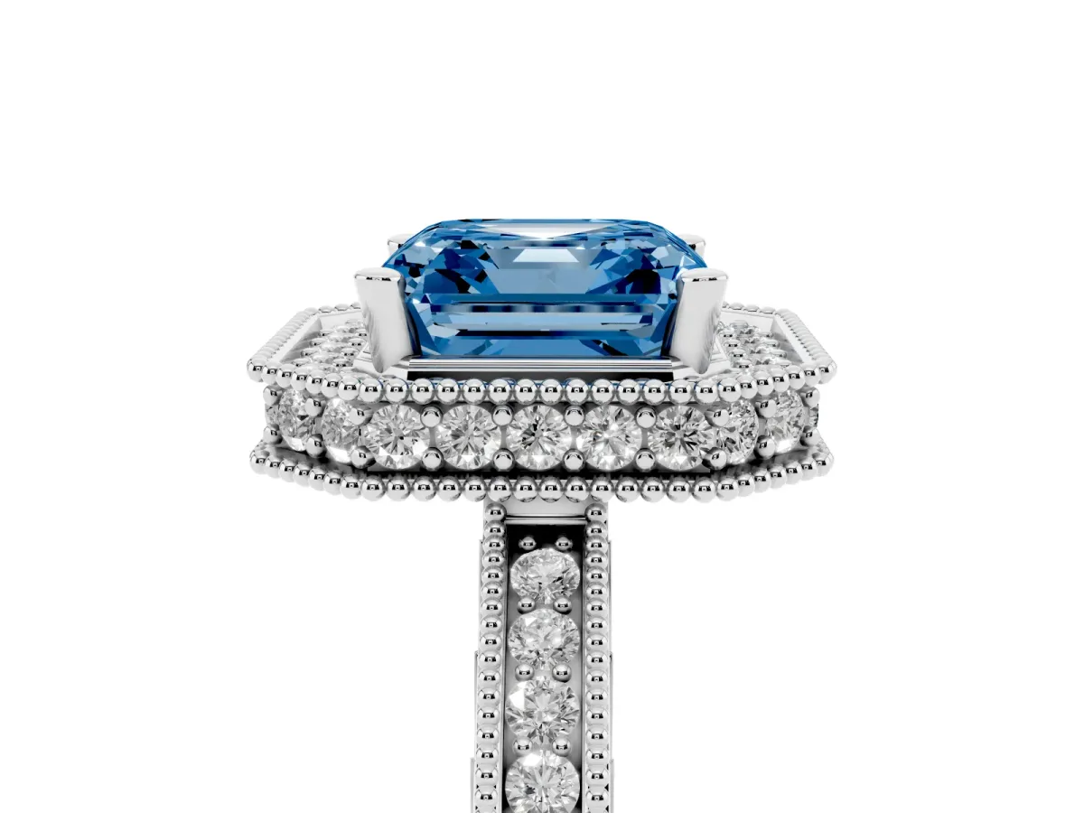 Fancy Blue Asscher Cut Diamond Milgrain Halo Engagement Ring with Round Pavé Band and Prong Setting Platinum