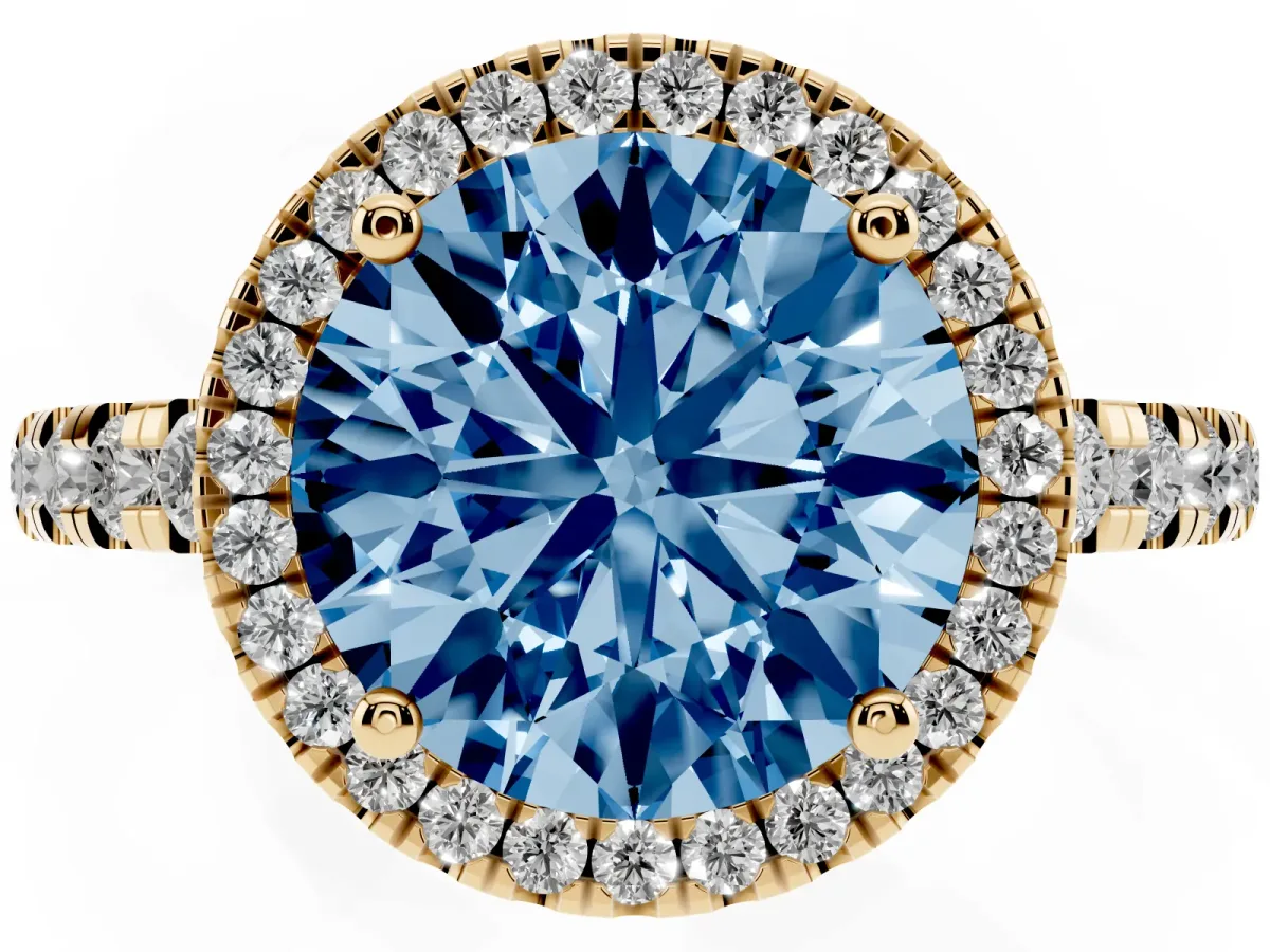 Fancy Blue Round Cut Diamond Halo Ring with Pavé Band and Four-Prong Setting Yellow gold
