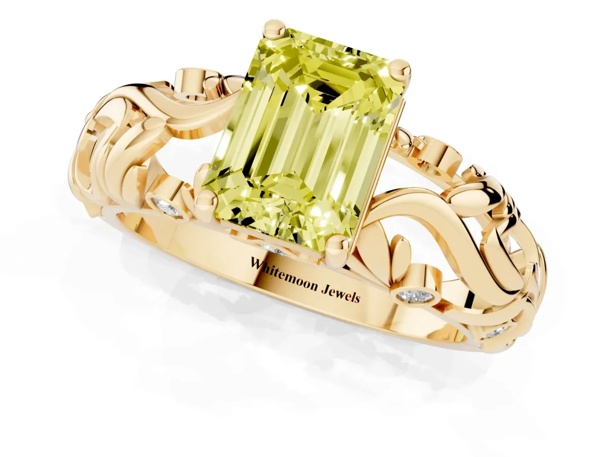 Fancy Yellow Emerald Cut Solitaire Diamond Leaf-Inspired Vine Band Ring with Prong Setting Yellow gold