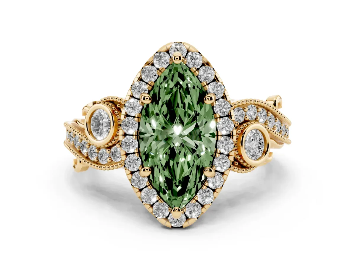 Fancy Green Marquise Cut Halo Diamond Ring with Milgrain and Bezel Accents on a Split Shank Band Yellow gold