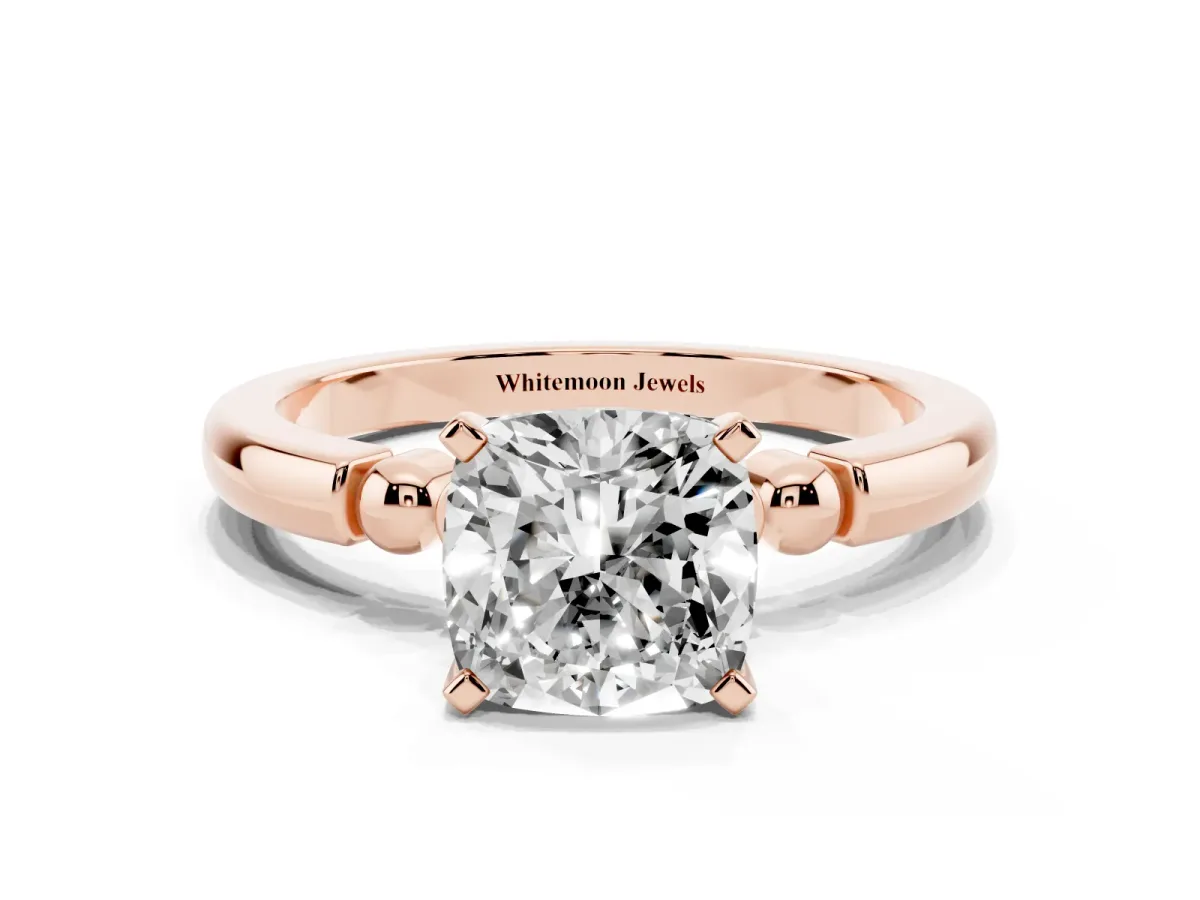 Cushion Cut Solitaire Beaded Band with Four-Prong Setting Rose gold